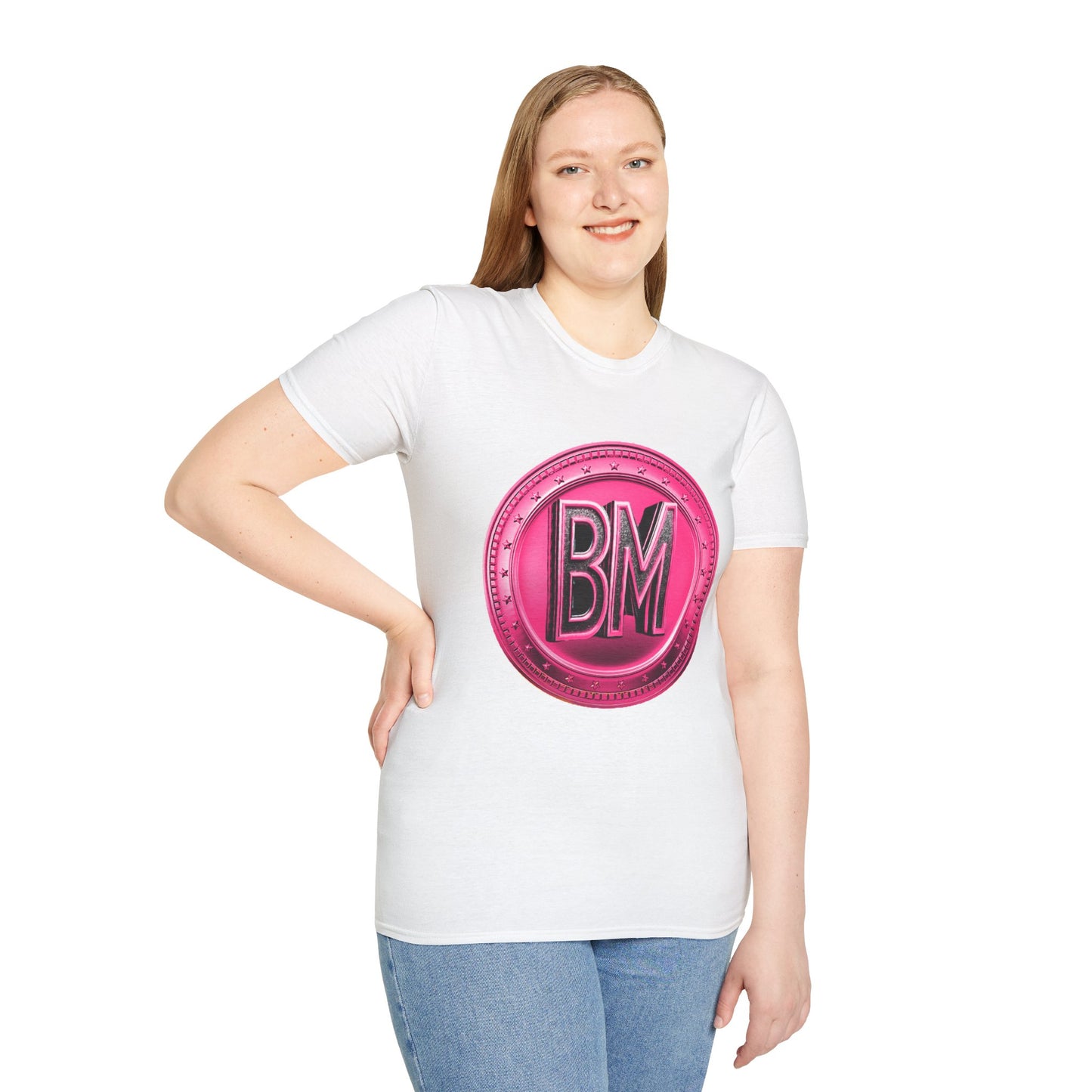 “Bold Pink BM Emblem Unisex Softstyle T-Shirt - Stylish Casual Wear for Everyday Comfort”