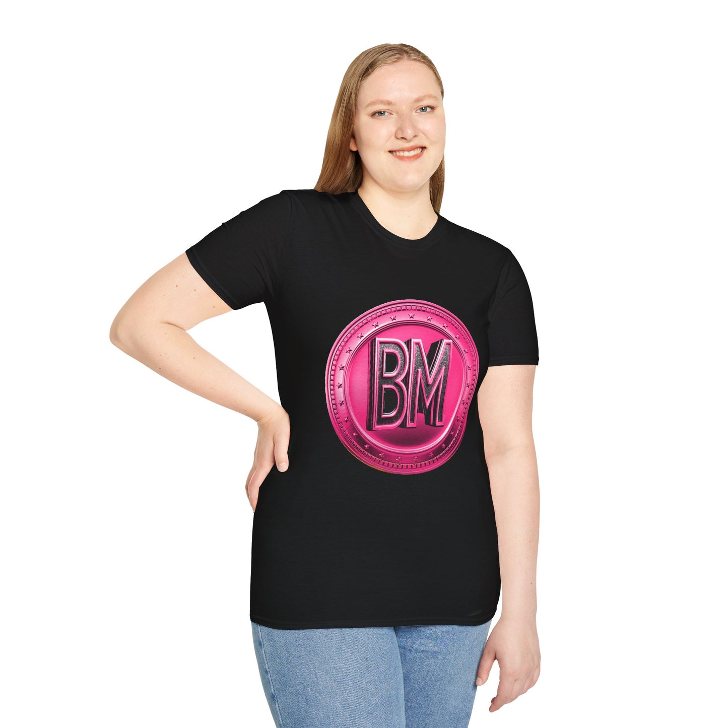 “Bold Pink BM Emblem Unisex Softstyle T-Shirt - Stylish Casual Wear for Everyday Comfort”