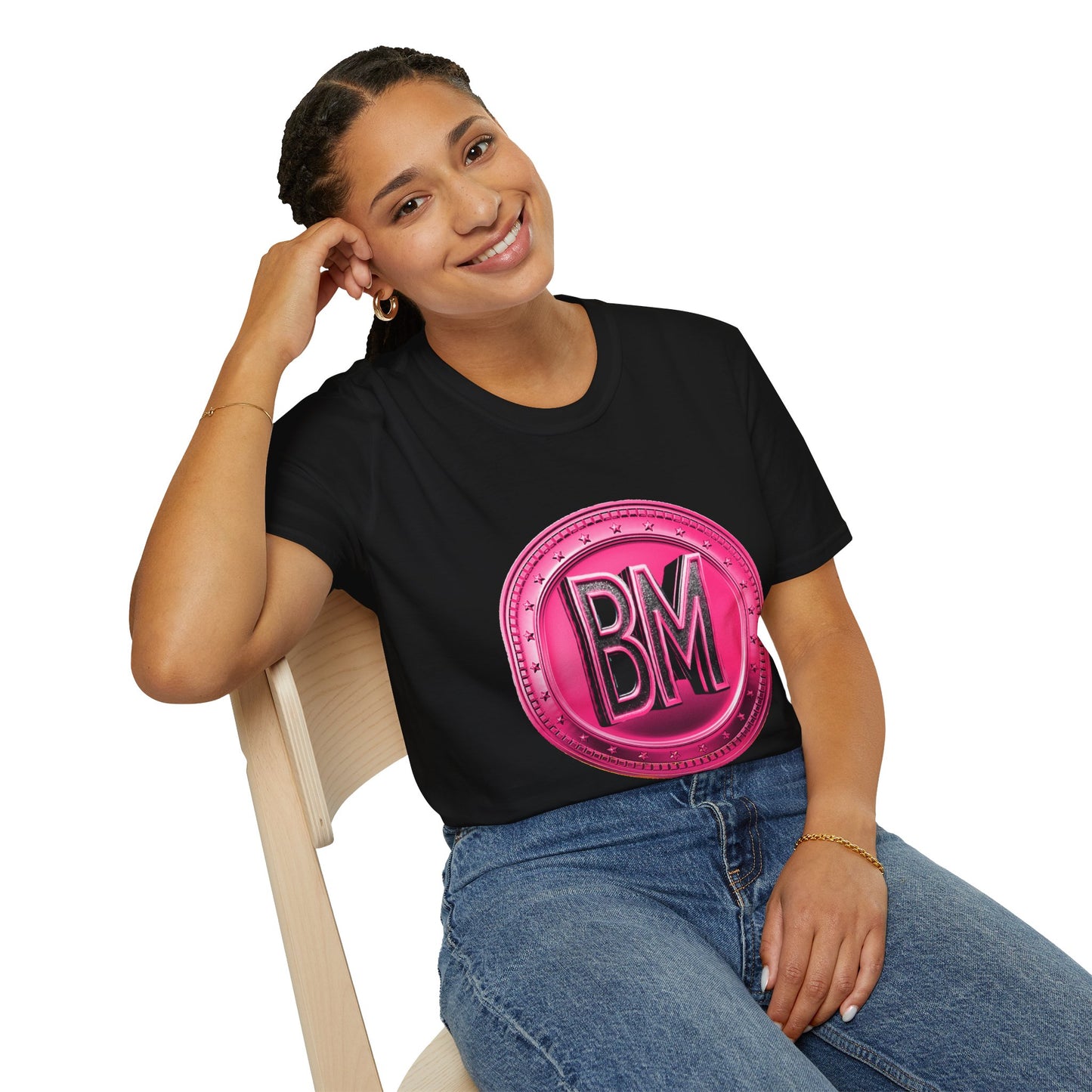 “Bold Pink BM Emblem Unisex Softstyle T-Shirt - Stylish Casual Wear for Everyday Comfort”