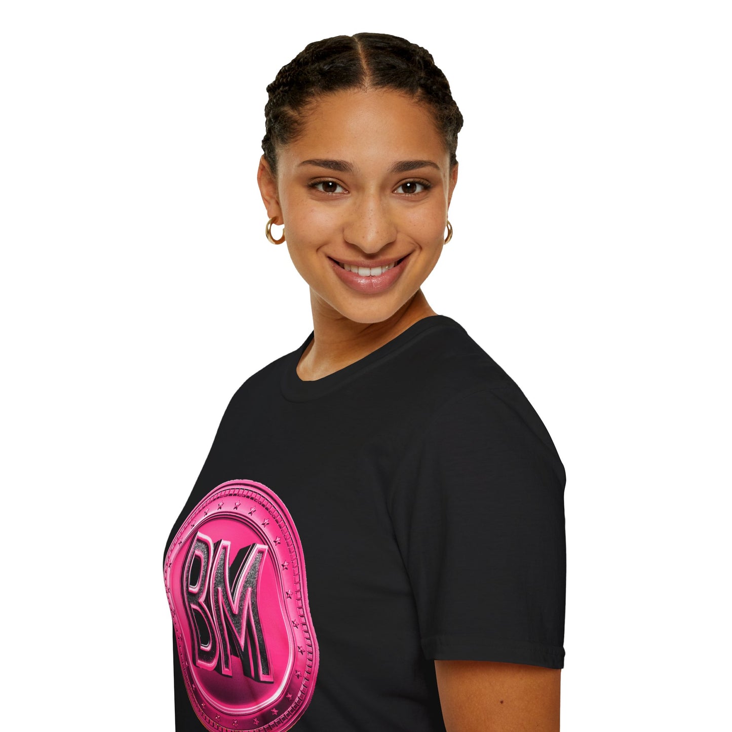 “Bold Pink BM Emblem Unisex Softstyle T-Shirt - Stylish Casual Wear for Everyday Comfort”