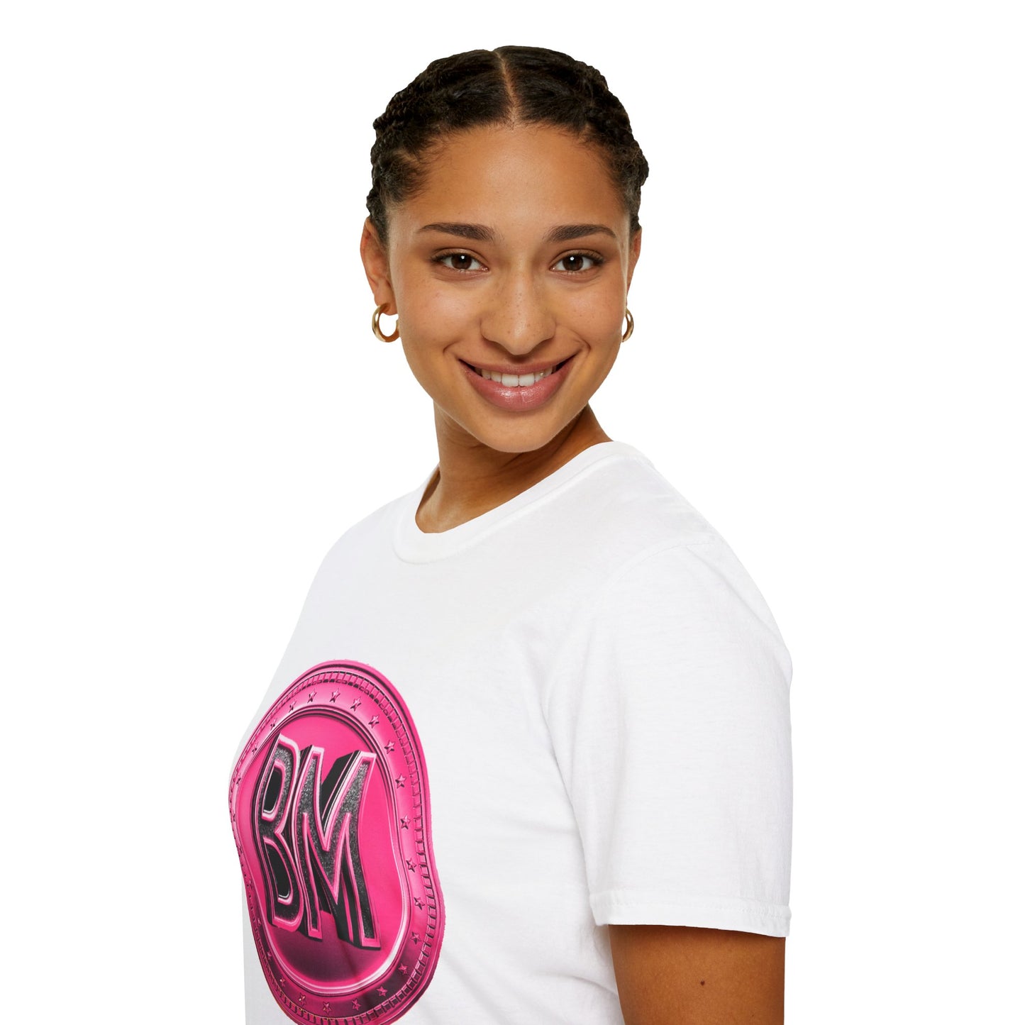 “Bold Pink BM Emblem Unisex Softstyle T-Shirt - Stylish Casual Wear for Everyday Comfort”